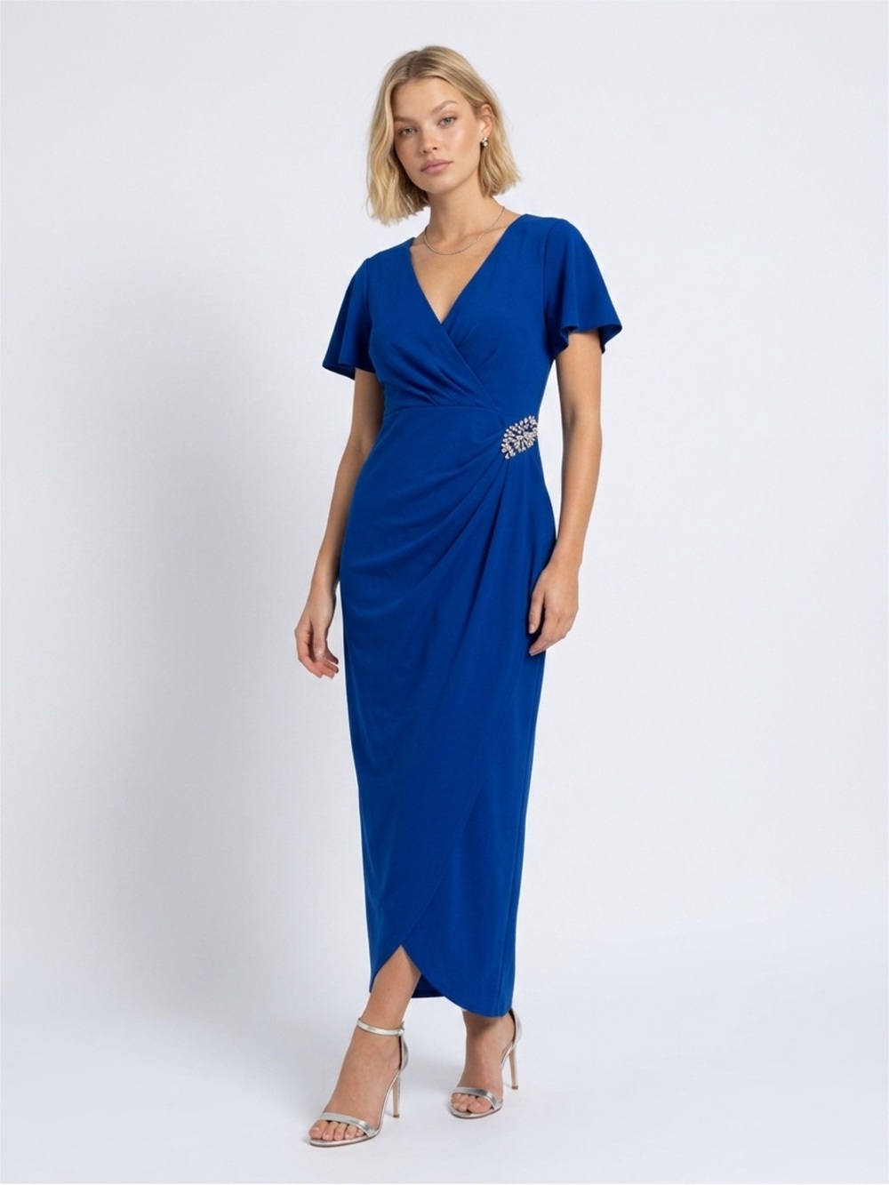 Elegant Royal Blue V-Neck Maxi Dress with Side Embellishment